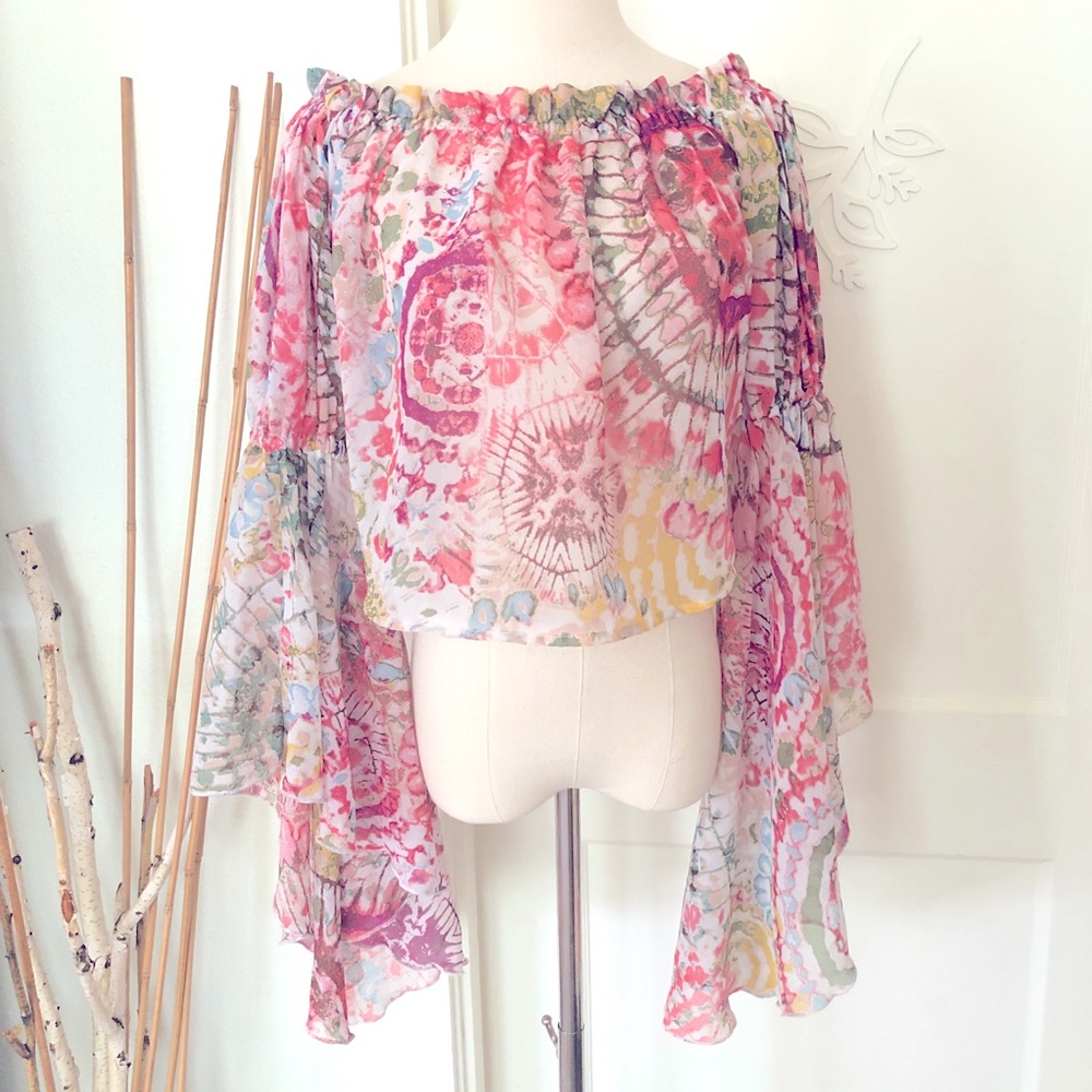 Live 4 Truth Boho Bell Sleeve Crop Sheer Top Off Shoulder Hippy Festival Small